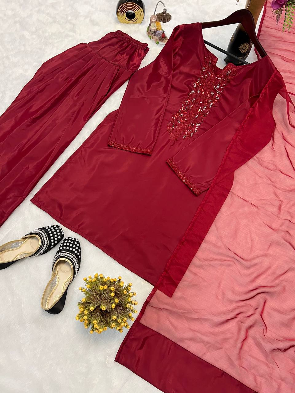 Editorial Deep Red Silk Co-ord